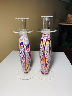 2 Vintage Murano Barovier Toso Glass Candle Stick Holders. Beautiful Condition