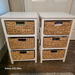 White Wood Storage Units with Wicker Baskets – Set of 2