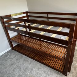 Twin Loft Bed Frame Wood Storage Shelves Kids Rail Bedroom Furniture 
