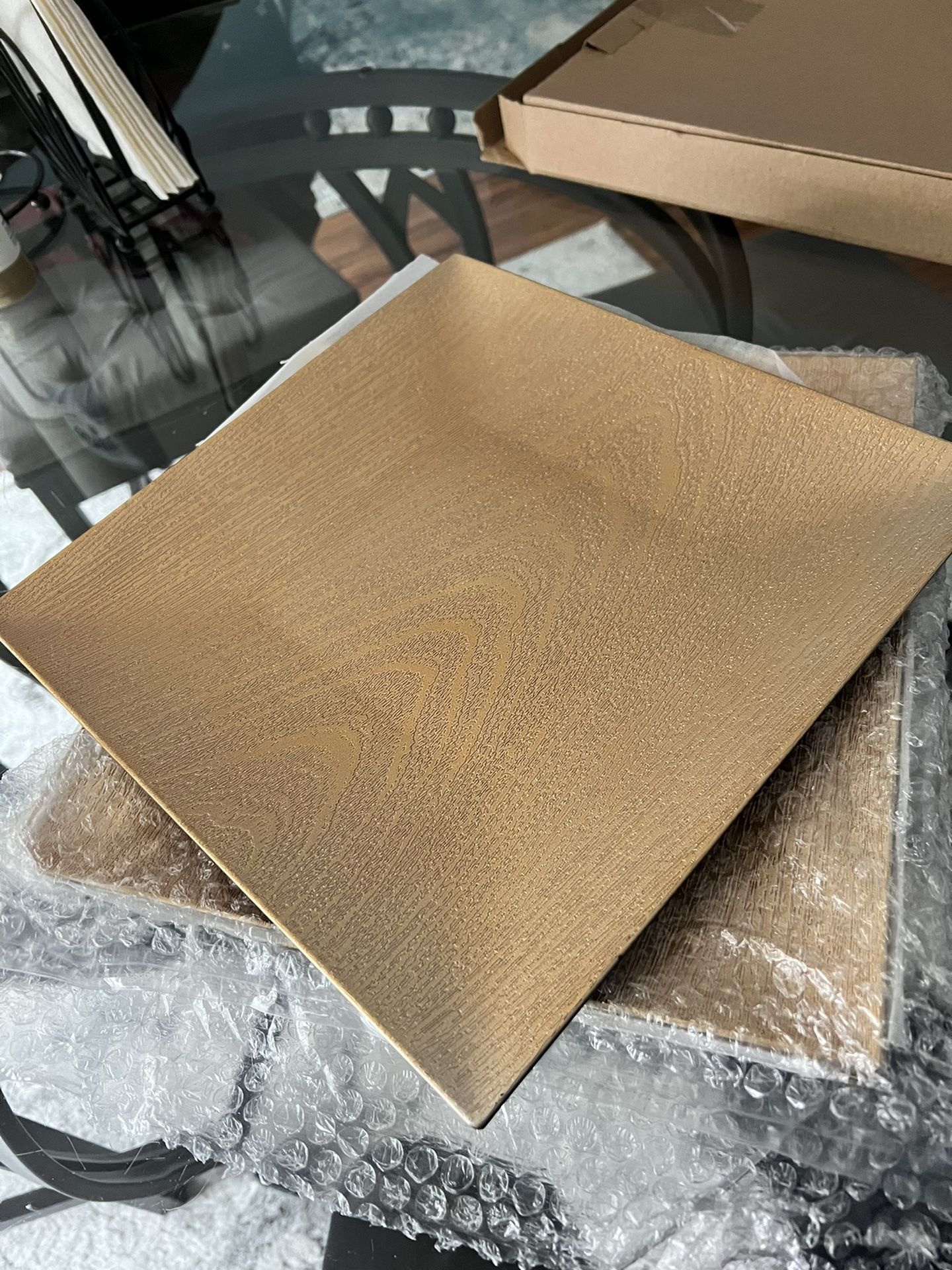 Square Gold Wooden Textured Acrylic Charger Plates Qty: 80