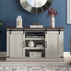 54'' Media TV Stand Farmhouse Entertainment Console for TV Up to 60" with Sliding Doors and Open Storage Space Adjustable Shelves  (Light Gray)