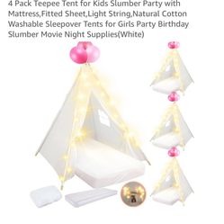 Lemosae 4 Pack Tee Pee Tents For Kids With Mattress Fitted Sheets And String Lights. 