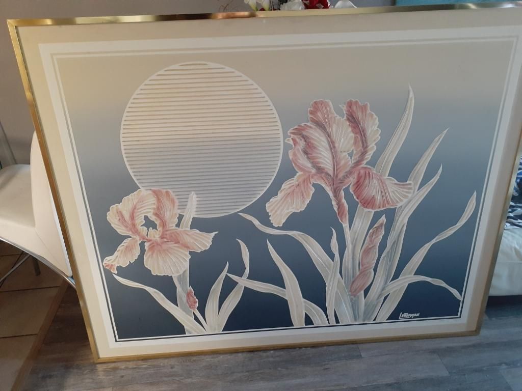 Antique Letterman Large Canvas Oil Painting Flowers and Moon