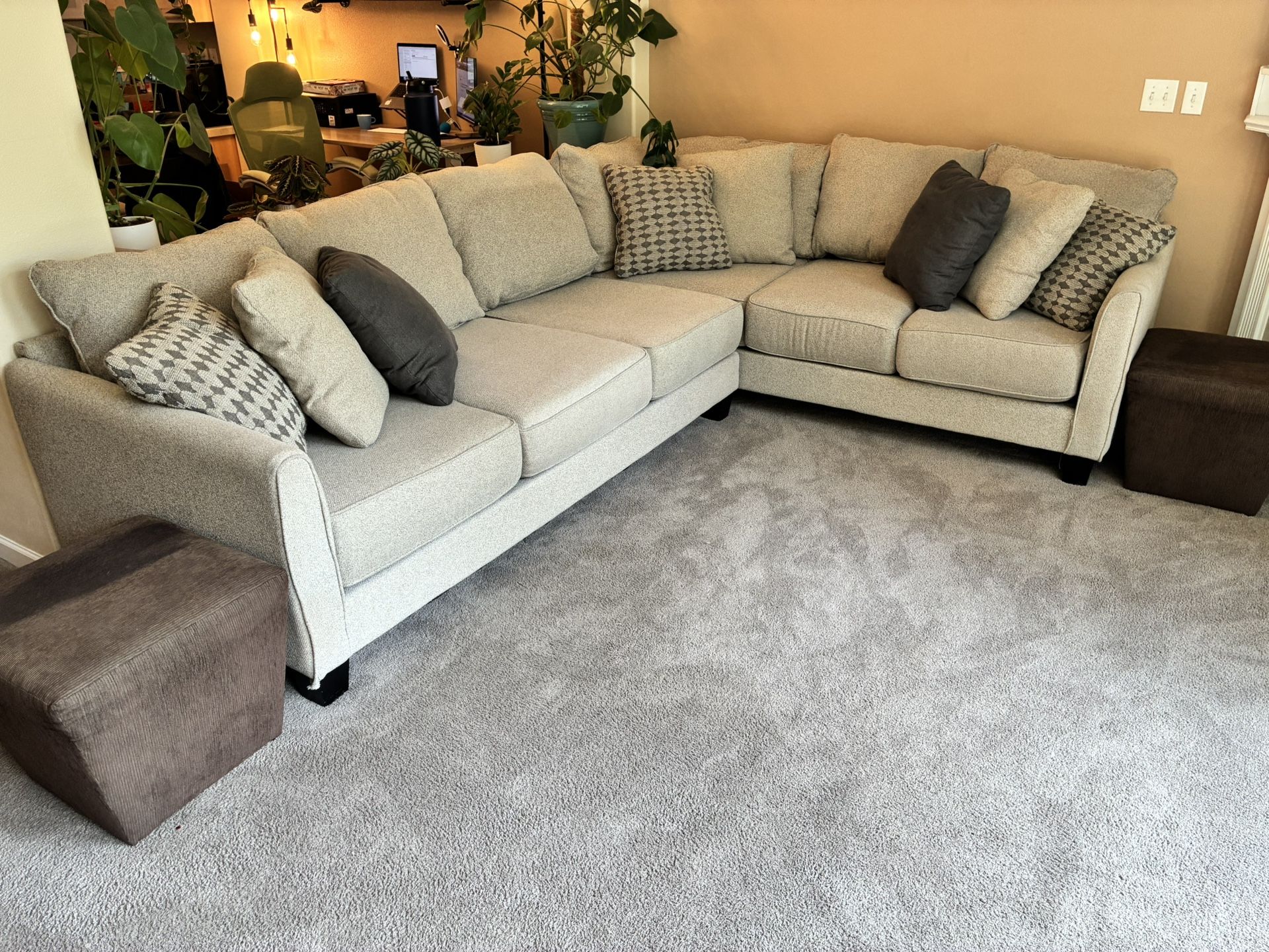 Large Sectional Couch + Loveseat + 3 Ottomans | Fabric | Beige