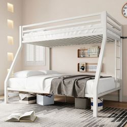 White Metal Bunk Bed Twin Over Full Size with Removable Durable Ladder