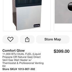 Comfort Glow 11,000 BTU DUAL FUEL (Liquid Propane OR Natural Gas) Direct Vent Gas Wall Heater w/ Thermostat & Professional Venting Kit