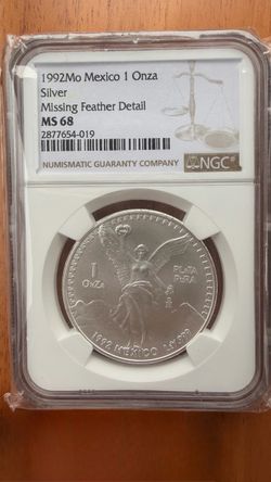 1992 Mexico 1 Onza Silver Libertad NGC MS68 Error libertad Missing Feather Rare
