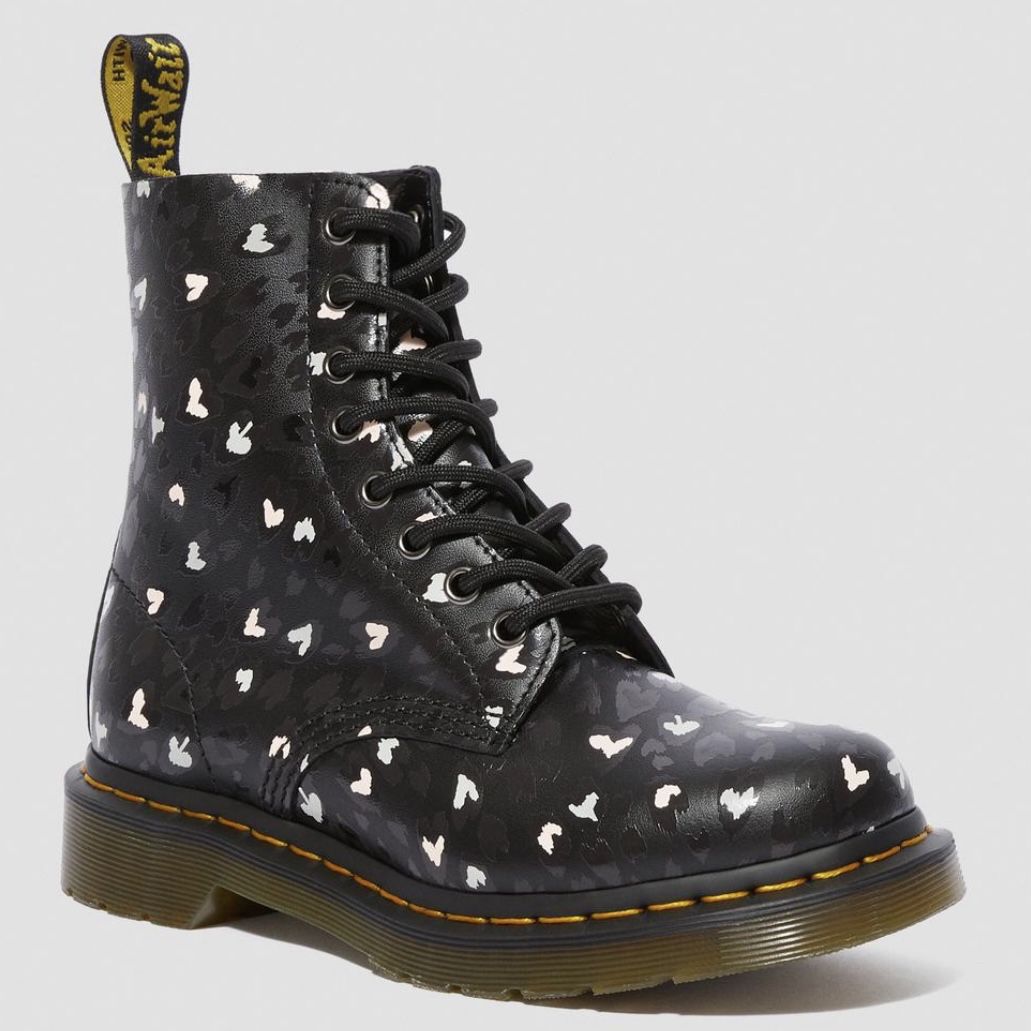 DR MARTENS 1460 PASCAL BLACK MULTI CUSTOM CHAOS HEARTS BACKHAND BOOTS UK 3 US 5  1460 Pascal Leather Wild Heart Printed Lace Up Boots  For generations