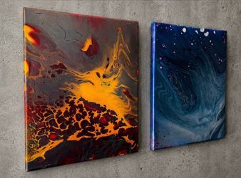 2 Original Fine Art Vintage Abstract Modern Studio Paintings BOTH 11x14” Canvas Mixed Media Gallery Expressionism Collectible Orange Blue HILLCREST
