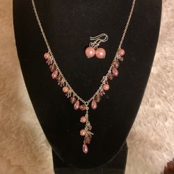 Silver Necklace With Pink And Purple Beads With Matching Earrings 