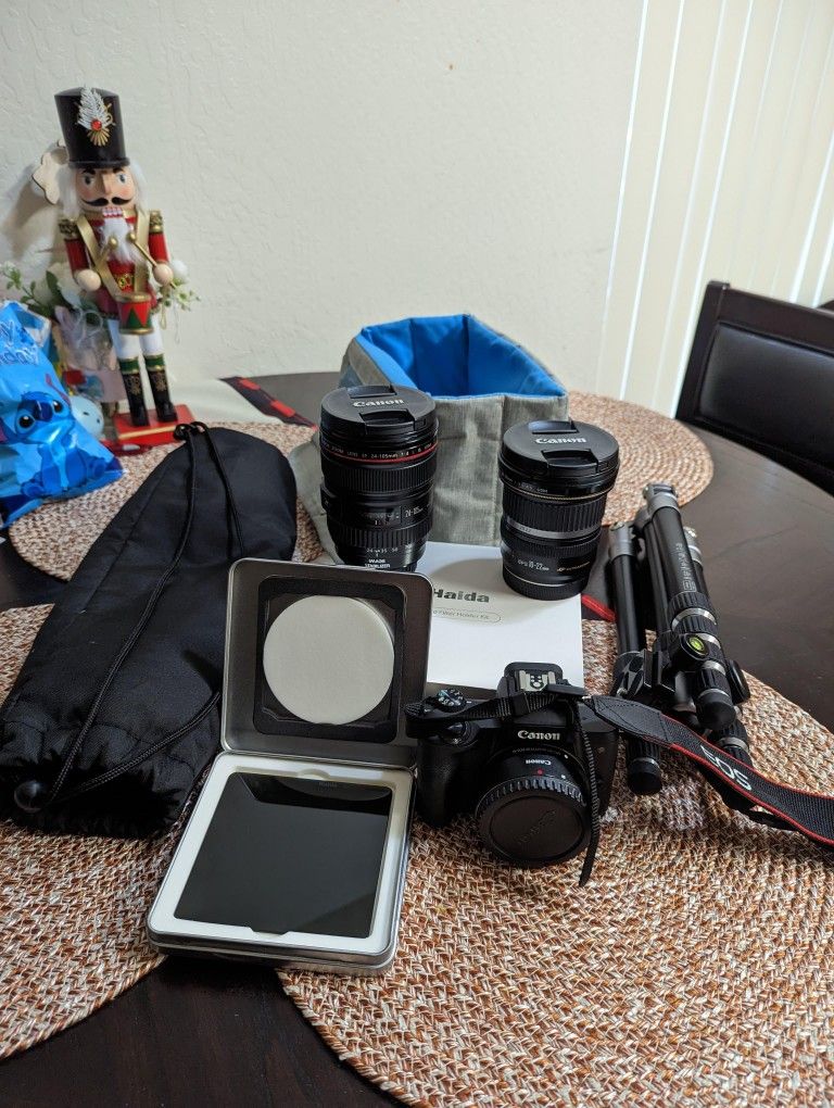 Canon M50. Canon 24-105mm F4. Canon 10-22mm F3.5.  Canon Mount Adapter EF-EOS M (for EF/EF-S). Haida M10 Filter Holder ND Filter. Prima Photo Tripod