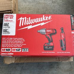 Milwaukee 1/2 “ impact, 3/8 ratchet combo