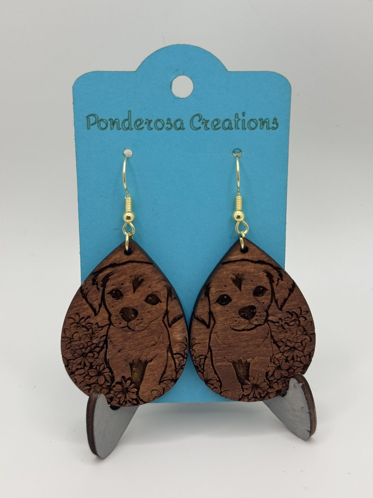 Teardrop Design - Puppy Dog (engraved) - Stained Wood - Earrings