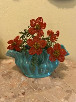 French Beaded Flower Arrangement in Ceramic Vase