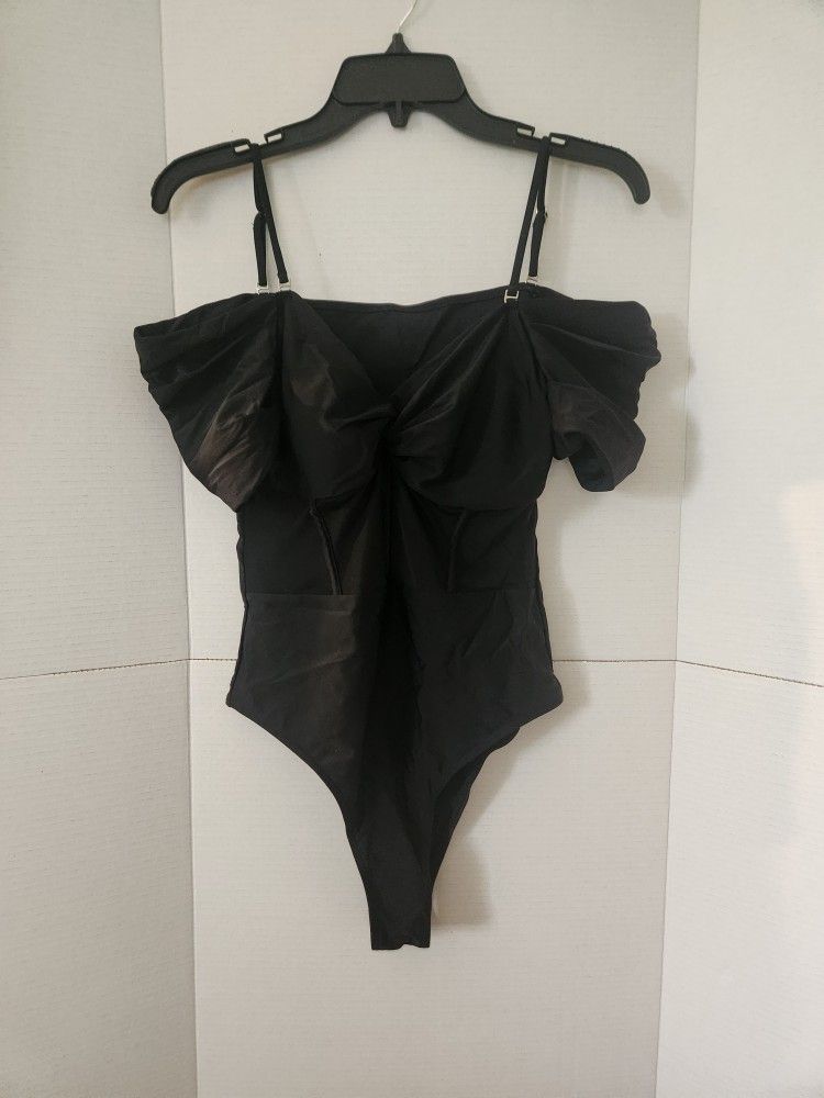Shein Bodysuit Size Large Black Off The Shoulder Lose Knot Sheer Waist