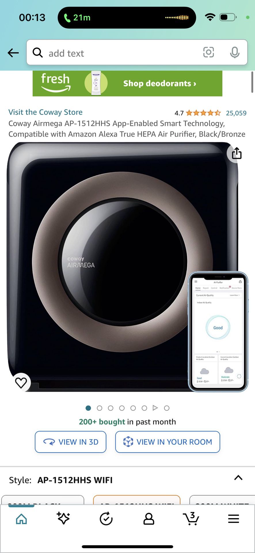 Coway Airmega AP-1512HHS App-Enabled Smart Technology, Compatible with Amazon Alexa True HEPA Air Purifier, Black/Bronze