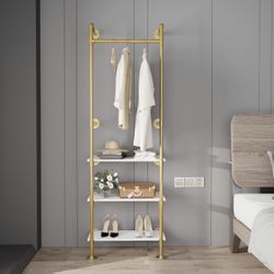 Wall Mounted Gold Clothes Rack: Gold Pipe Clothing Rack with 3 White Shelves - Hanging Clothes Retail Display Rack Garment Rack, 23.8x70x10.6inch