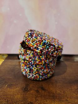 Handmade Colorful Seed-Beaded Lidded Wired Trinket Box 2.25" A7