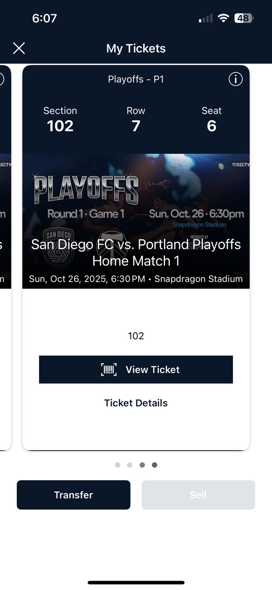 4 SDFC Playoff Tickets Section 102 Row 7 