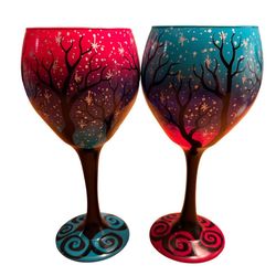 ORIGINAL Rebecca Suriano Artisan Handcrafted Hand Painted Wine Glasses Trees