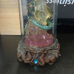 Green dragon statue light up in glass dome with decor base fantasy theme