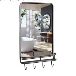 Wall Mounted Mirror w/ Shelf & Hooks, Black Metal Framed Vanity Rectangle Mirror for Home Decor, Bathroom, Bedroom, Living Room, Entryway