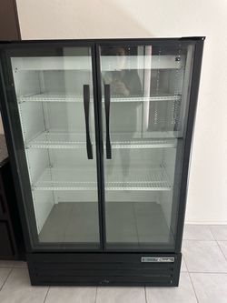 Commercial-style double-door beverage refrigerator