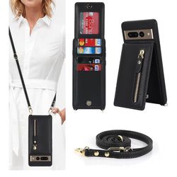 for Google Pixel 7 Pro Case with Card Holder and Strap - Zipper Pocket,Crossbody Lanyard Strap,Credit Card Holder,Cute Phone Wallet Case for Women - B