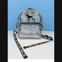 New Victoria’s Secret Pink GLITTER Clear Iridescent MINI Backpack School Black Logo
