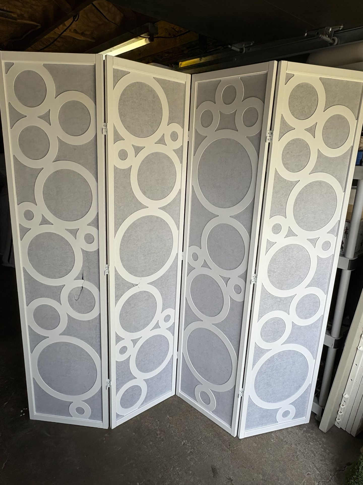 4 panel room divider privacy screen 70” high x 70” wide Folds for storage 2 panels have small damage , other 2 panels in perfect condition
