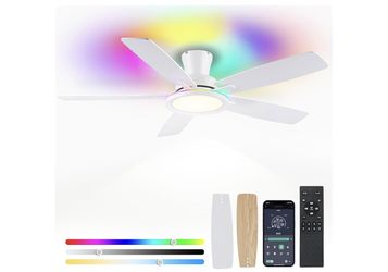 Flush Mount RGB Ceiling Fan with RGB Light - 52In White Ceiling Fan Light with Reversible Mute Motor, 3CCT LED Dimmable, Low Profile Modern