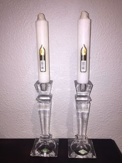 Set 2 Clear Crystal Pedestal Pillar (2” or 3”) or Taper 3/4” Candle Holder 10” tall by Shannon Design of Ireland