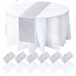 NEW 12 Pack Round Plastic Tablecloth 84 Inch with Glitter Sequin Table Runner 12 x 108 Inch Disposable Waterproof Tablecloth for Parties Wedding Bab