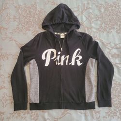 Victoria's Secret PINK Black Gray White Full Zip Hoodie Women Size Large