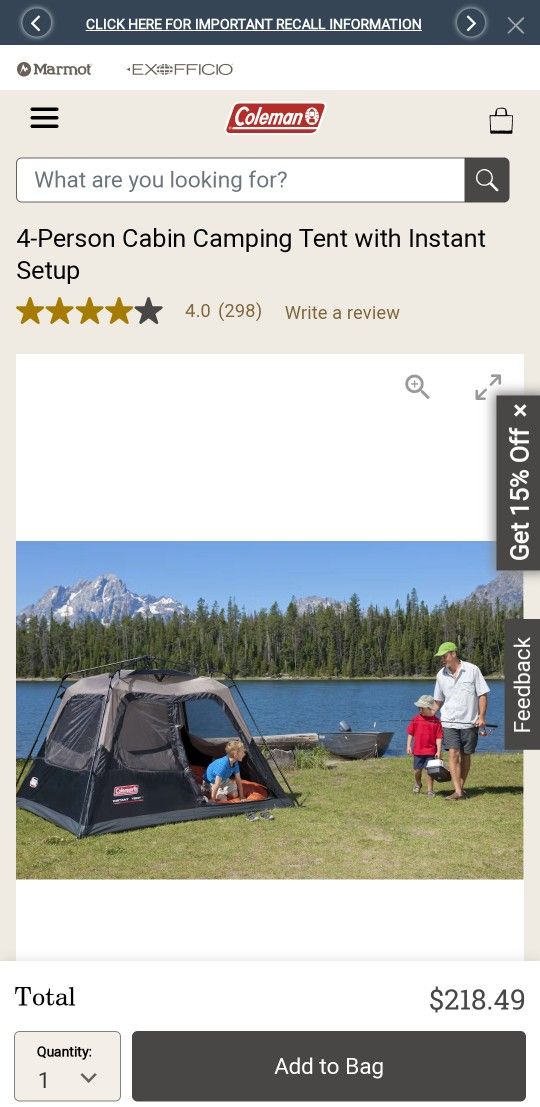 Instant Cabin Coleman 4 Person + Core 30 Sleeping Bag And 60L Backpack