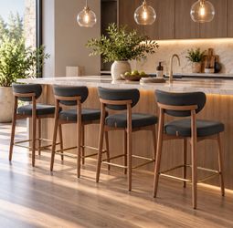 Wooden Bar Stools Set of 4. Synthetic Leather, Ink Black Mid Century Modern, Synthetic Leather, Solid Wood Legs, Ergonomic Backrest, Ink Black, MAZIE