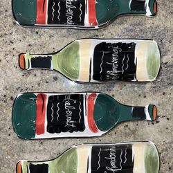 Set of 4 Clay Art Wine Bottle Serving Dishes, Hand Painted