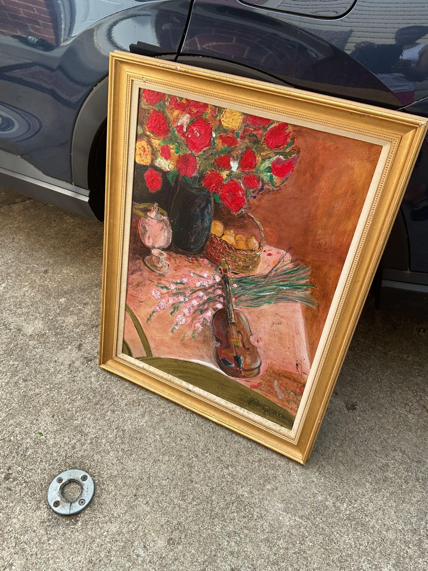 A Nice Painting Of Roses, A Guitar, Just Beautiful (NO SHIPPING) 34” X 25”