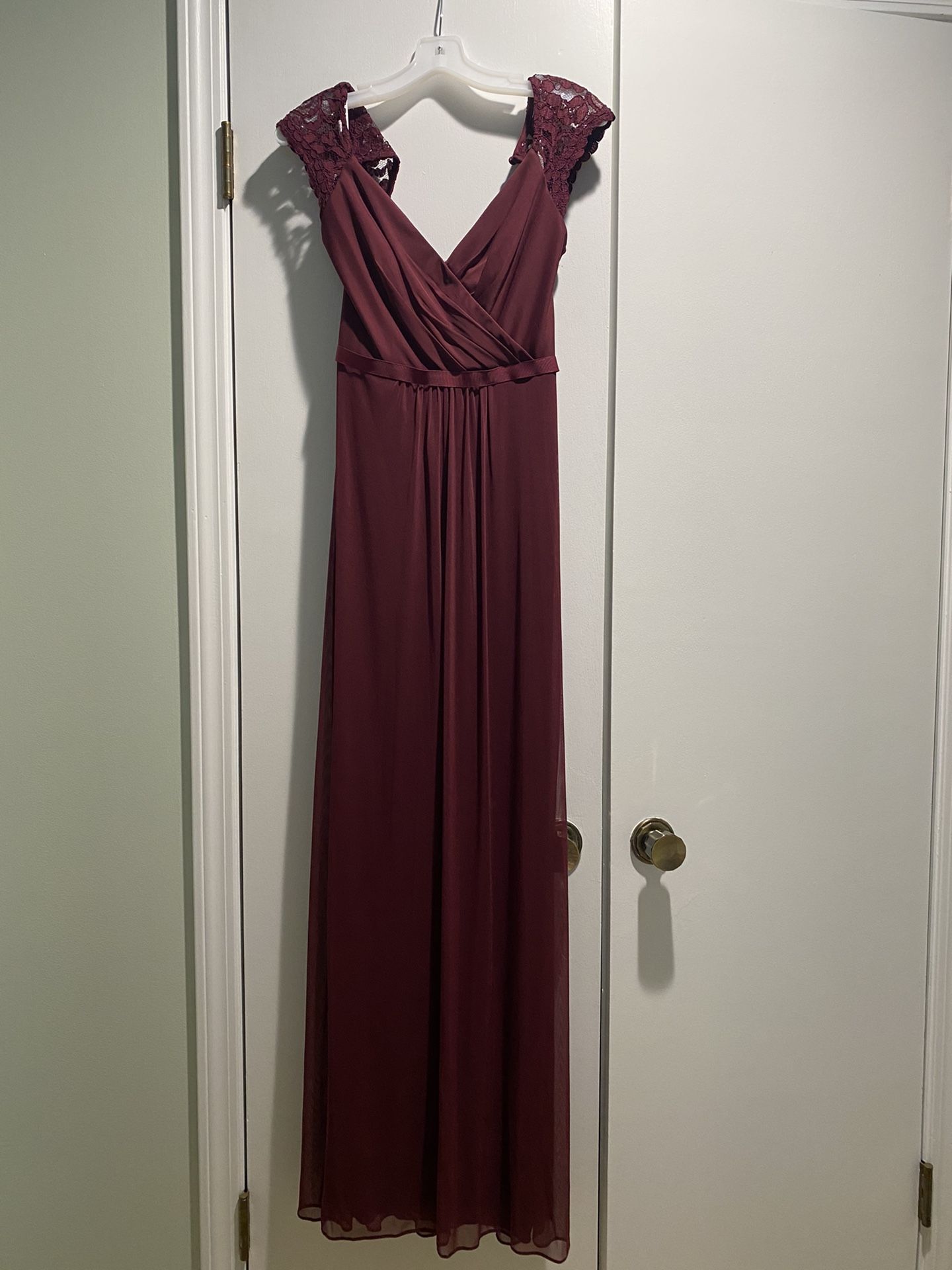 Wine Color Bridesmaid Dress Long Mesh Dress with Lace Cap Sleeves DAVID'S BRIDAL F19505 