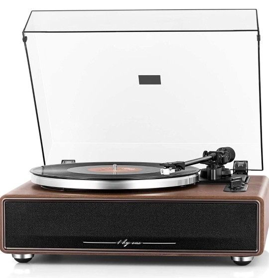 1 by ONE High Fidelity Belt Drive Turntable with Built-in Speakers, Vinyl Record Player with Magnetic Cartridge, Bluetooth Playback and Aux-in Functio