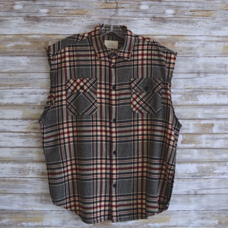 Fear of God FOG Cut Off Sleeveless Flannel Plaid Shirt Gray Black Red Rare Med