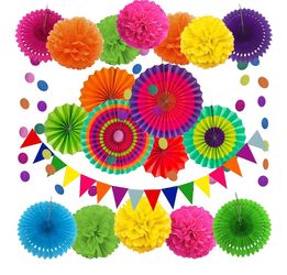 Party Decoration, 21 Pcs Multi-color Hanging Paper Fans, Pom Poms Flowers, Garlands String Polka Dot and Triangle Bunting Flags for Birthday Parties