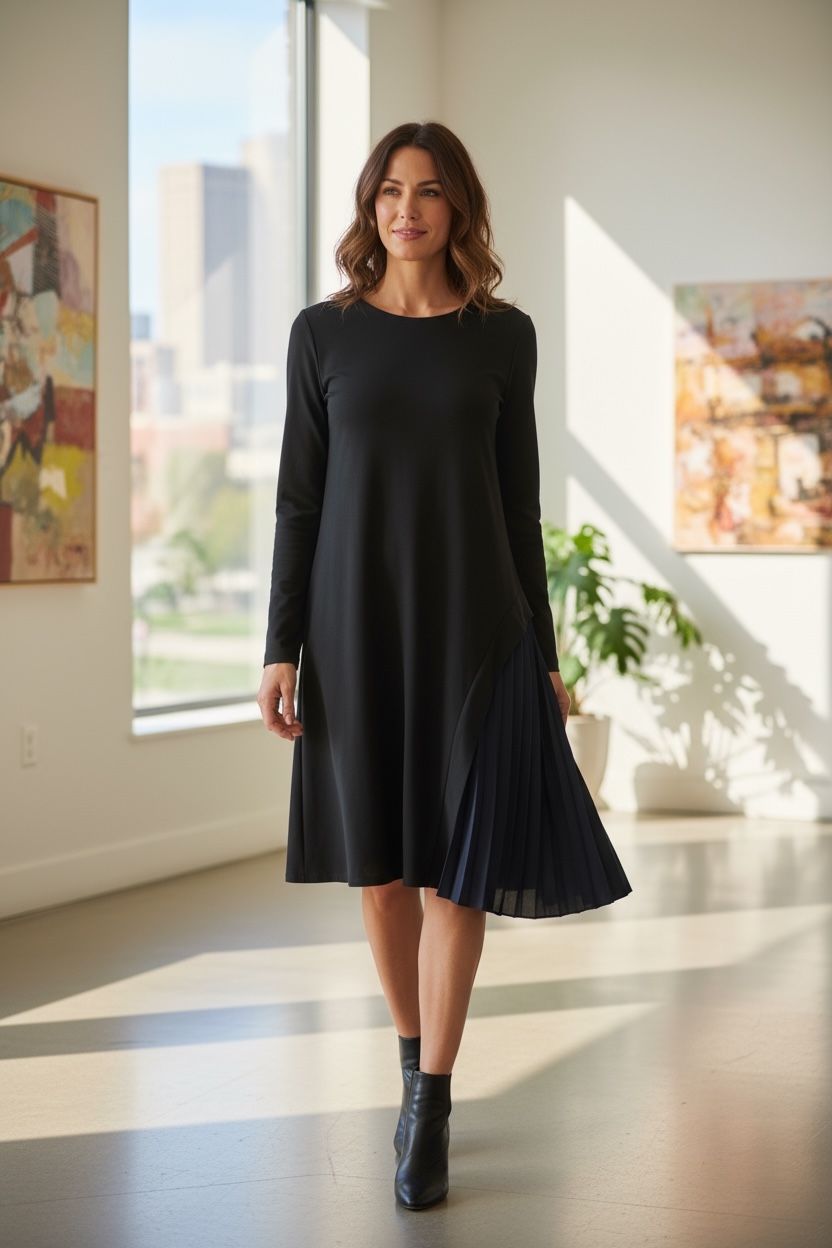 Black Midi Dress With Pleated Side Skirt  