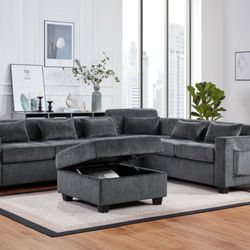115"W Gray Chenille Sectional Sofa with Adjustable Backrest, Charging Ports, Pockets, Tufting, Storage Ottoman, Throw Pillows