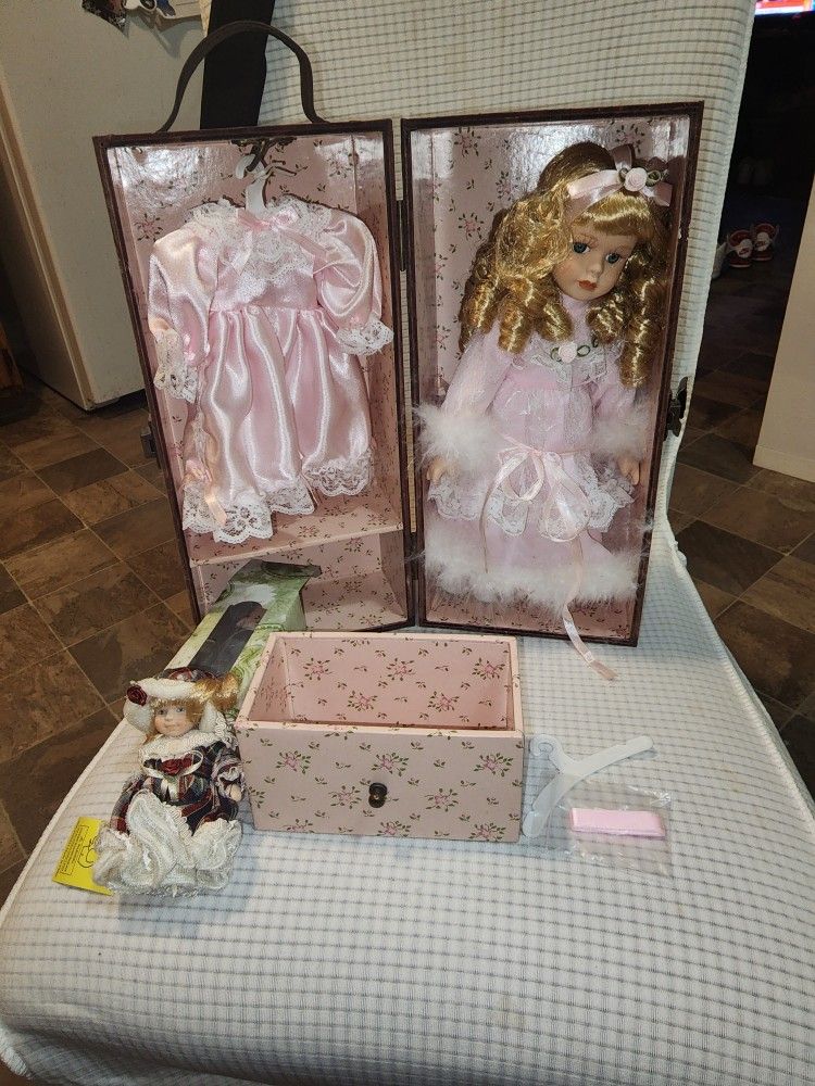 Vintage 14-in Porcelain Doll And Wooden Box With Baby Inside Drawer It's New Never Been Touched It's A Collectible It Belongs To My Grandparents