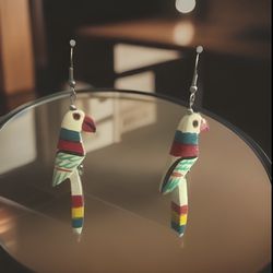  Vintage 80s Wood Parrot Earrings Hand Painted