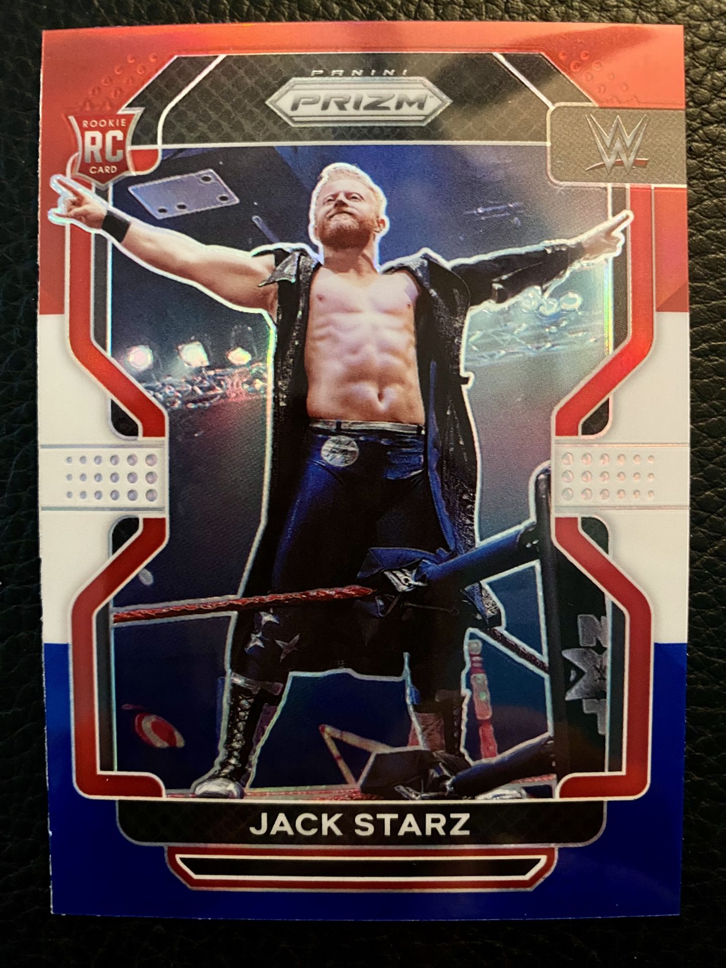 Jack Starz 2022 Panini Prizm WWE #115 ROOKIE CARD RED WHITE & BLUE PRIZM!