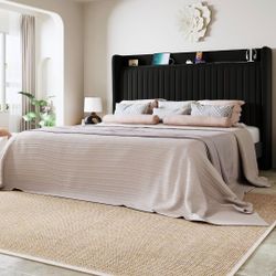 Full Size Platform Bed Frame with USB Charging Station and Storage Shelf/Upholstered Velvet Wingback Headboard/Wooden Slats Support/No Box Spring Need