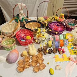 Decorations- Baskets, Bunnies, Egg Candles & Holders, Grass for Baskets, & More. See Pictures.