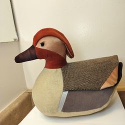 Vintage Weighted Fabric Duck Decoy - 10.5" Tall Tweed Herringbone Patchwork Folk Art